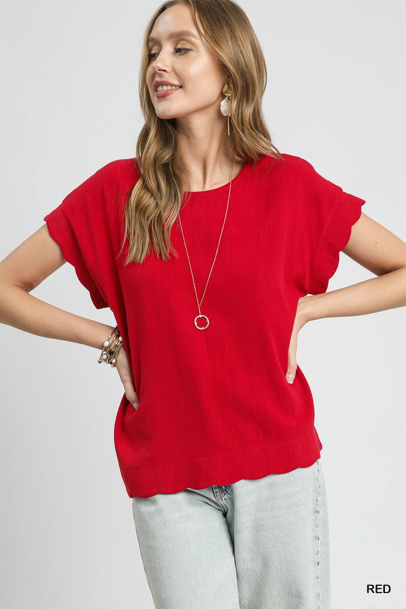 Red Scallop Hem Linen Blend Top Durable Reinforced Elbow Patches