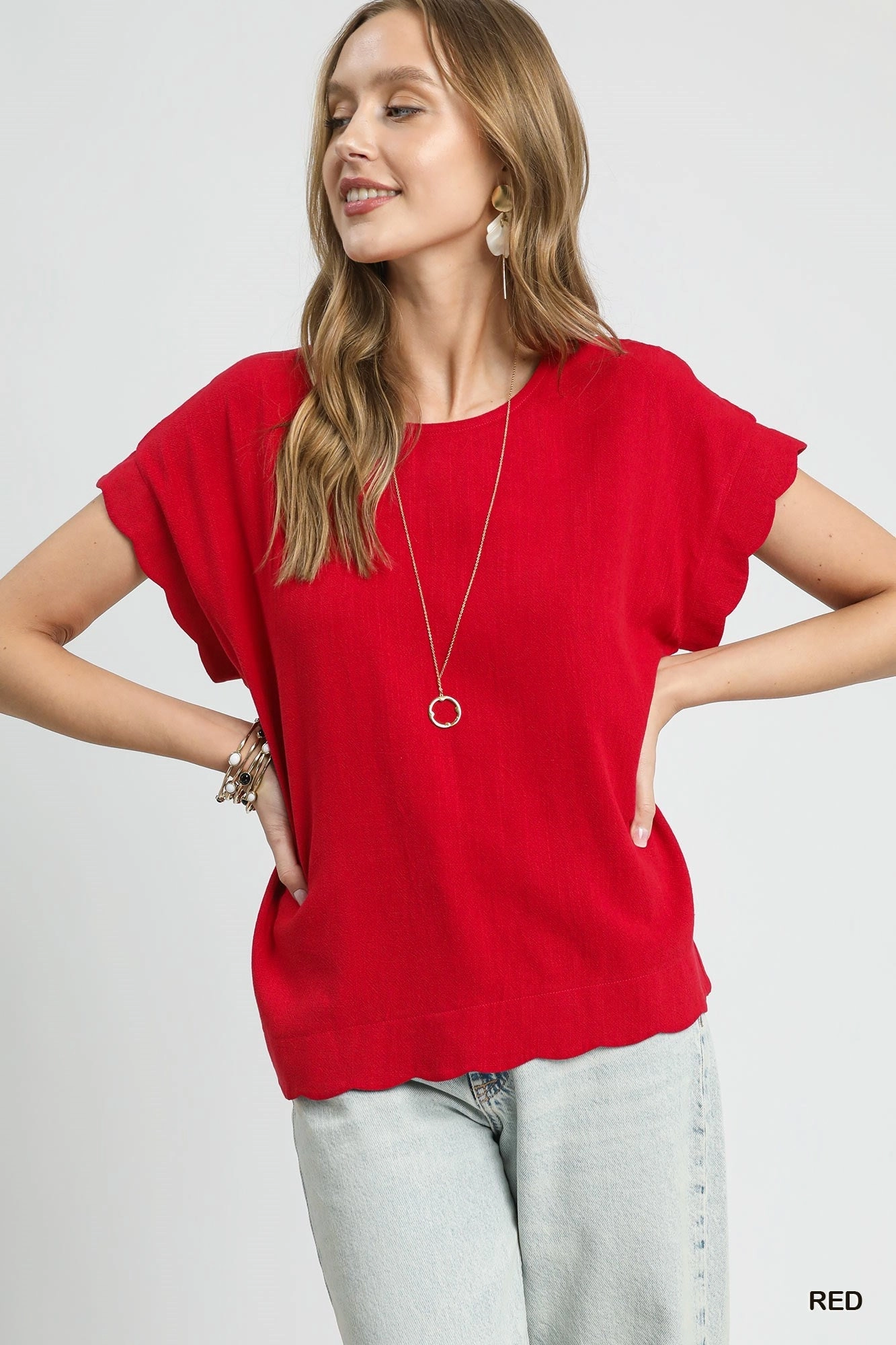 Basic Tank Red Scallop Hem Linen Blend Top