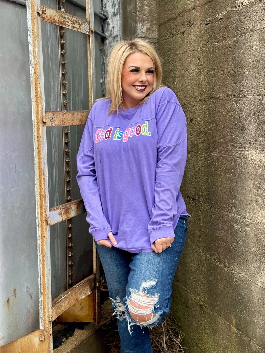 TaglessNecklineComfort LightweightMaterial God is Good Multicolor Glitter Long Sleeve Tee