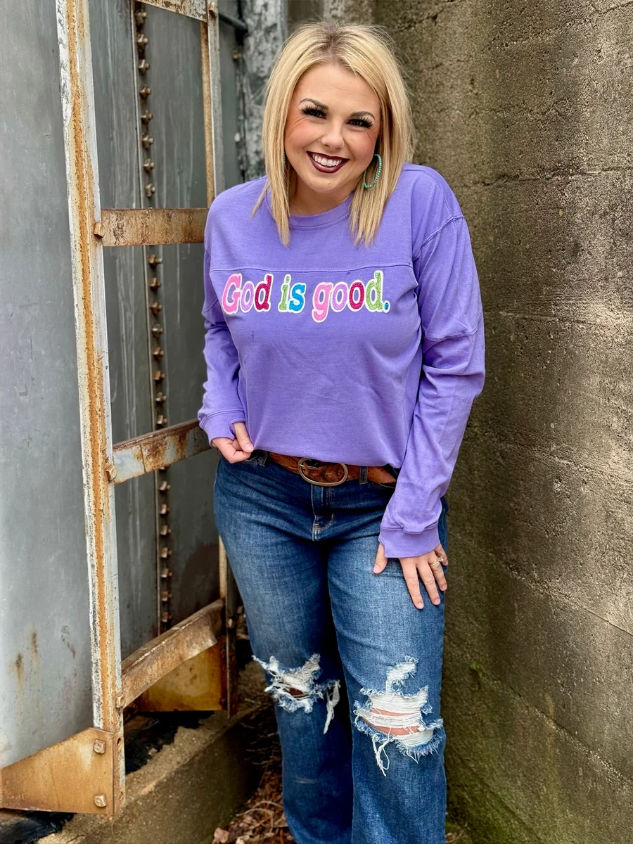 YarnDye Technique God is Good Multicolor Glitter Long Sleeve Tee
