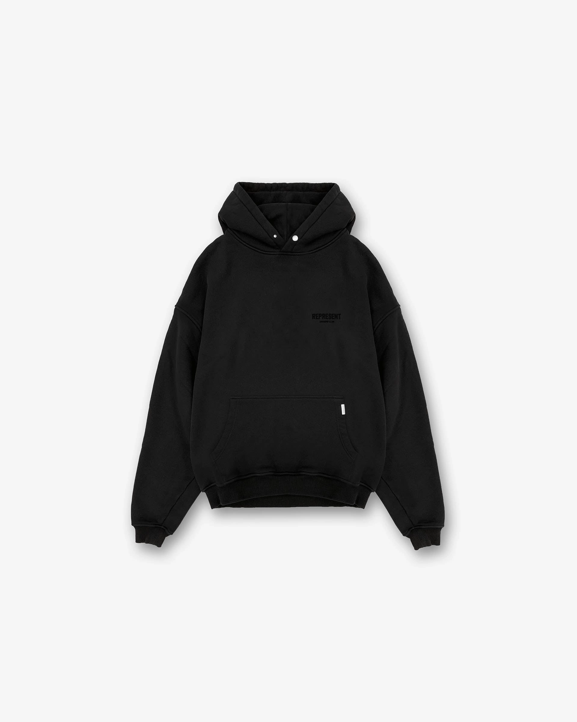 Represent Owners Club Flocked Hoodie - Black School Uniform Minimalist Look