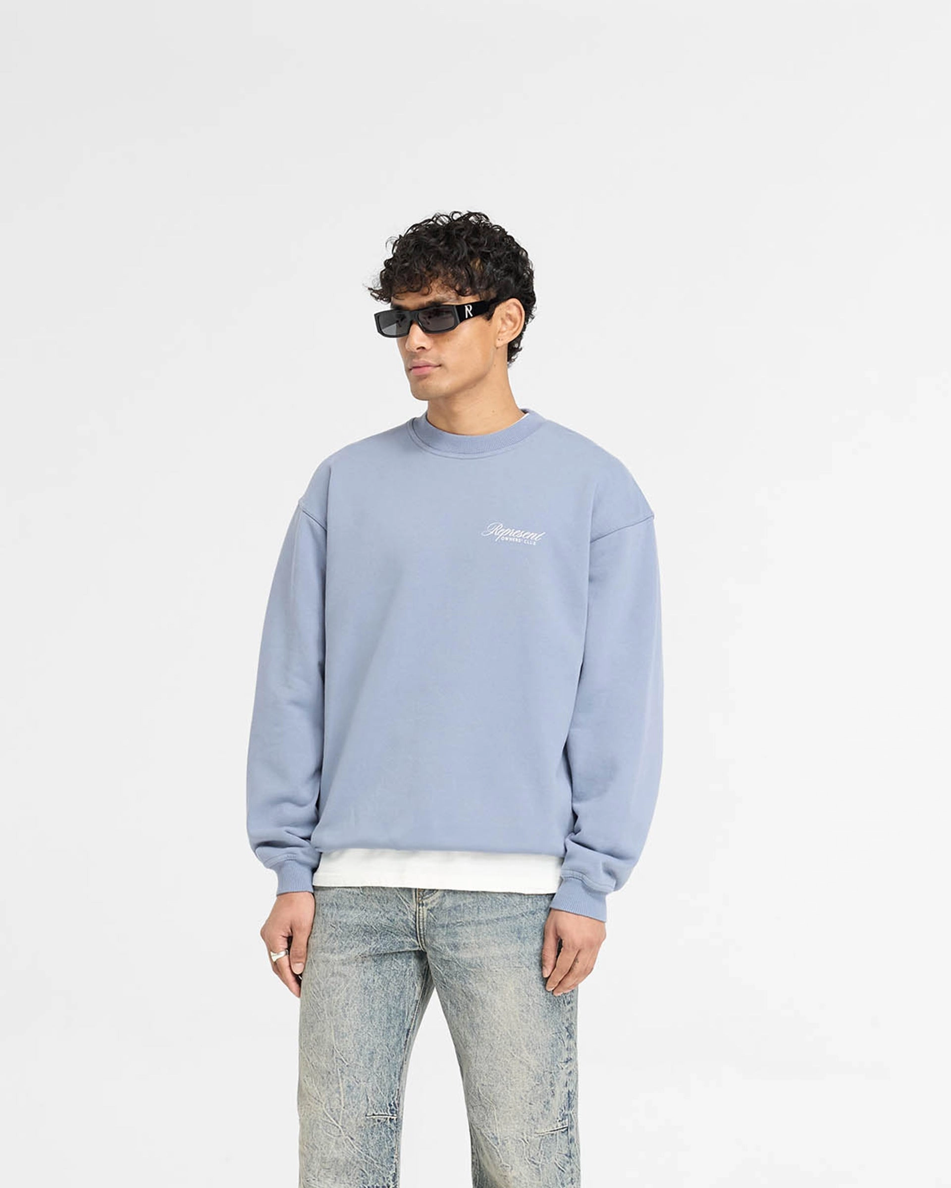 Represent Owners Club Script Sweater - Dusty Blue Quick Fit
