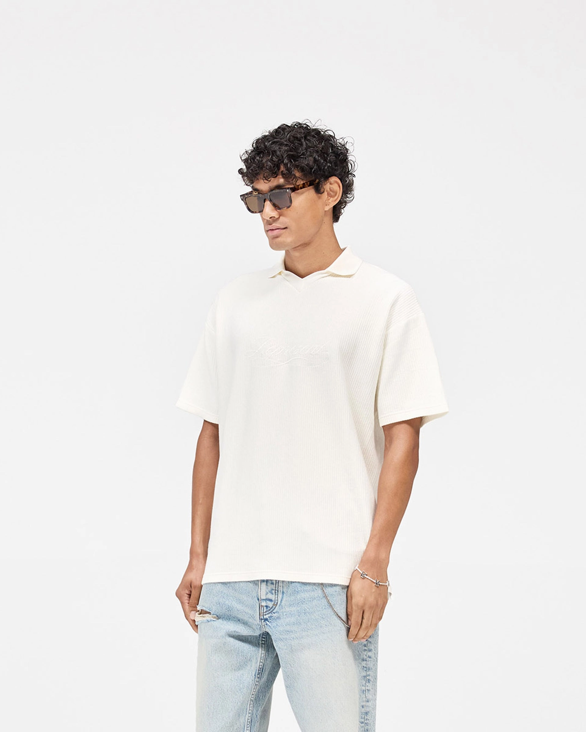 Ribbed Polo - Aged White Comfort and Breathable Raw Edge Hem