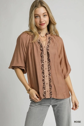 LowProfileDesign All-Purpose Wear Rose Button Front Top w/ Leopard Trim