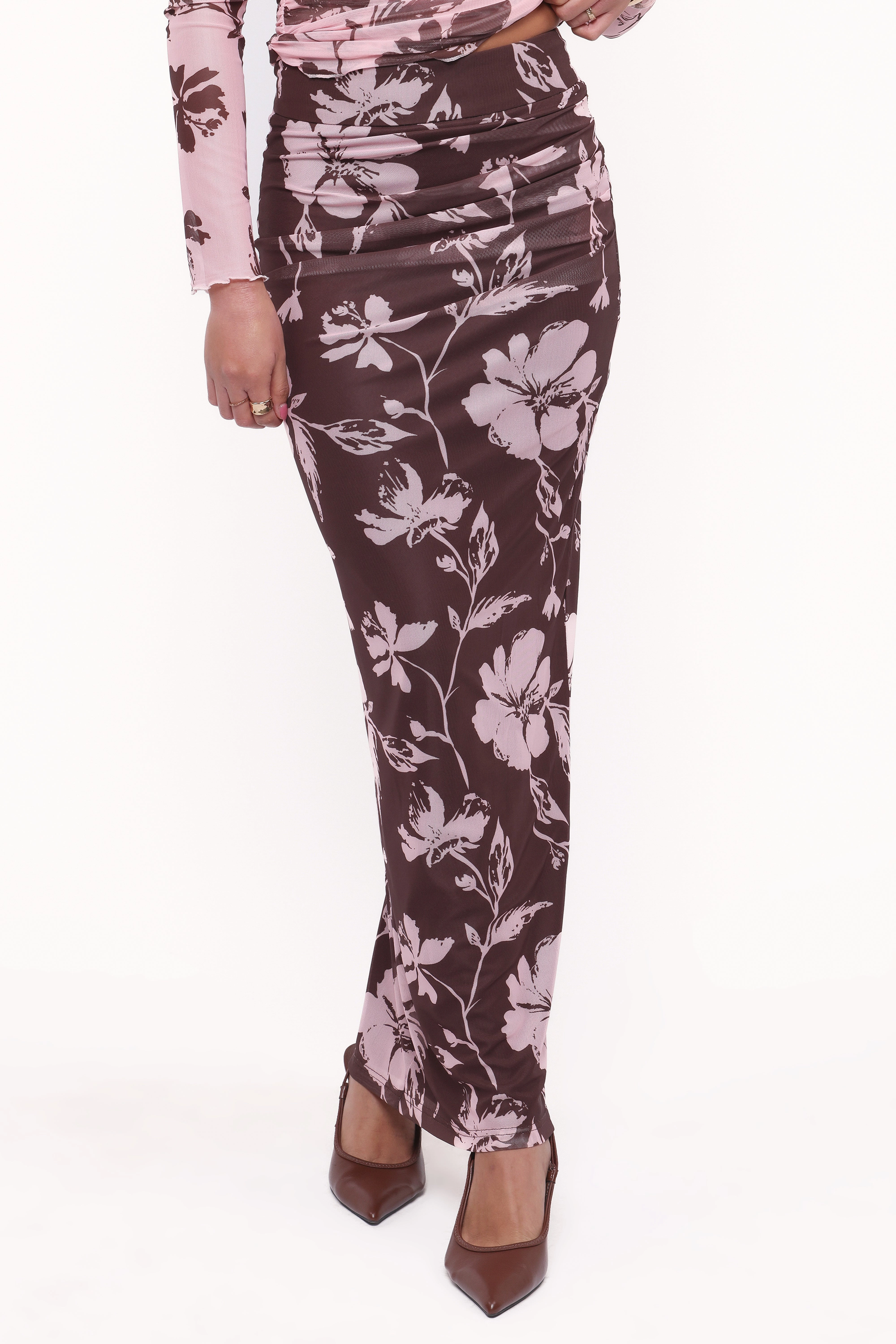 Navida Mesh Midi Skirt - Pink Brown Floral Cruise Attire Lightweight Lining