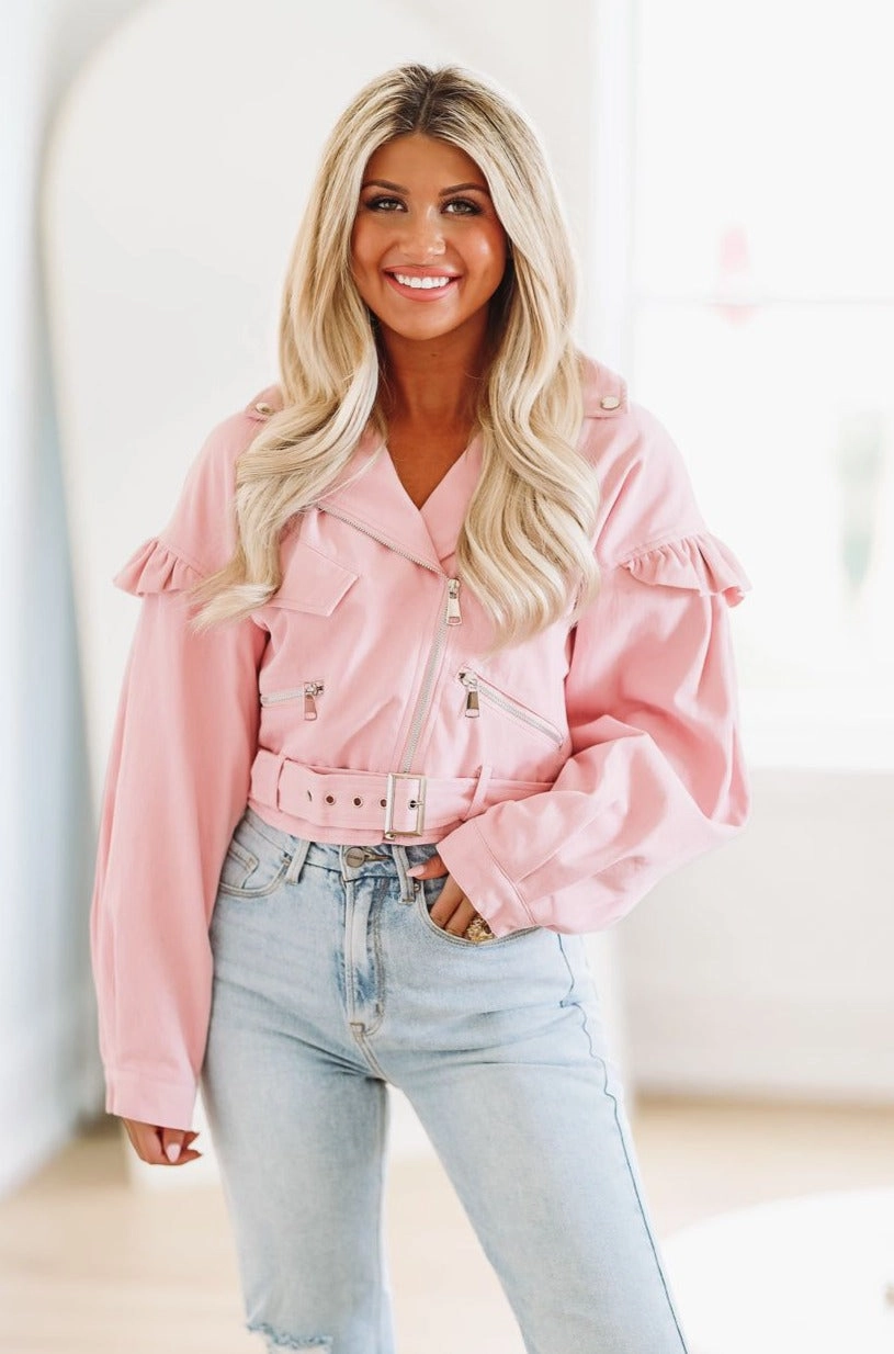 Ruffle Denim Jacket - Pink ButtonFront
