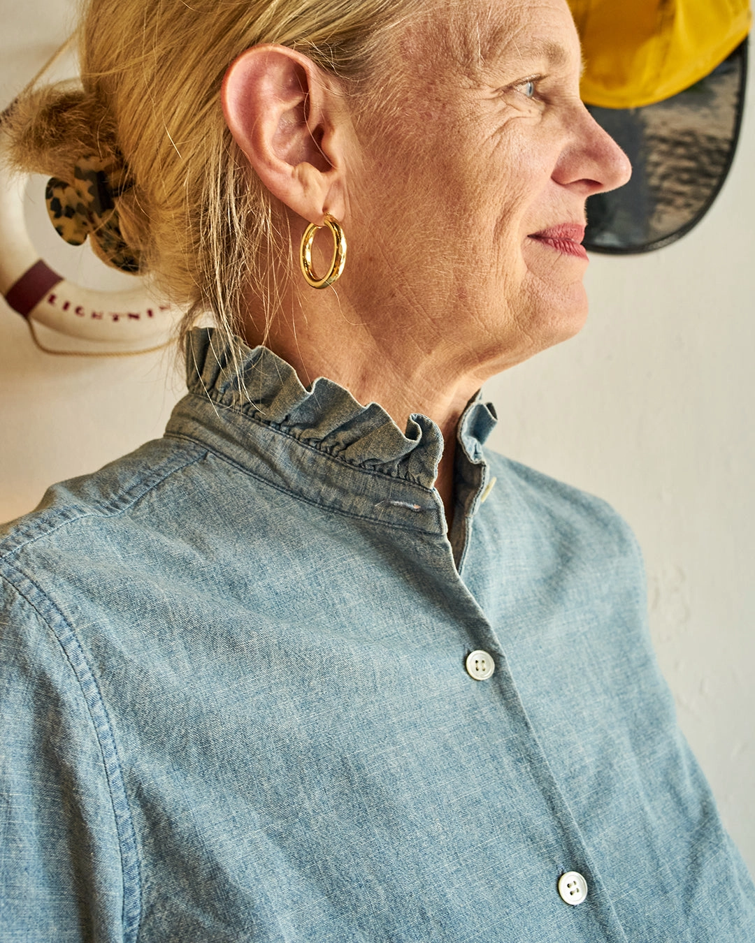 AntiSlipGrip Ruffle Shirt in Chambray