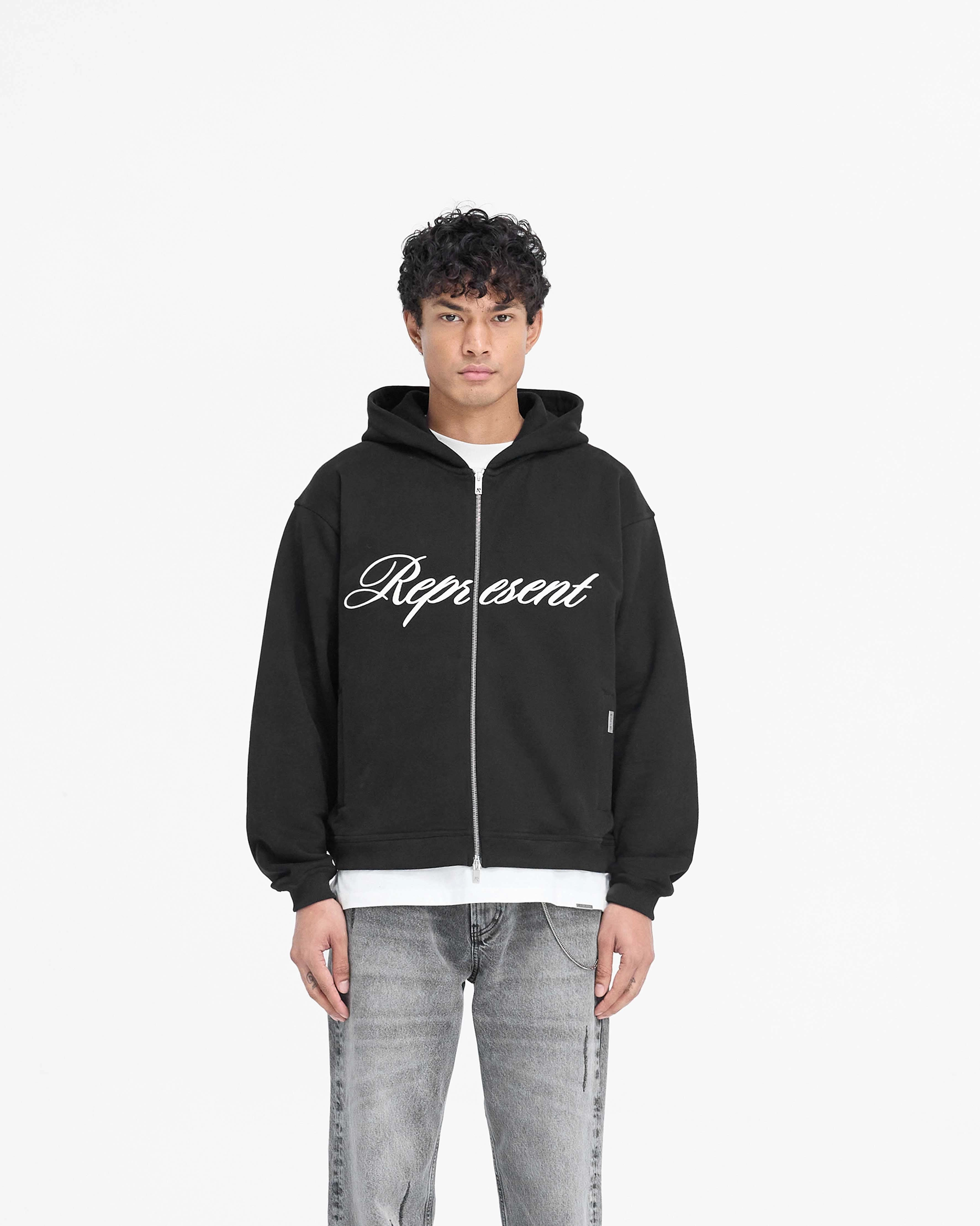 Script Logo Zip Hoodie - Black Feathery accents