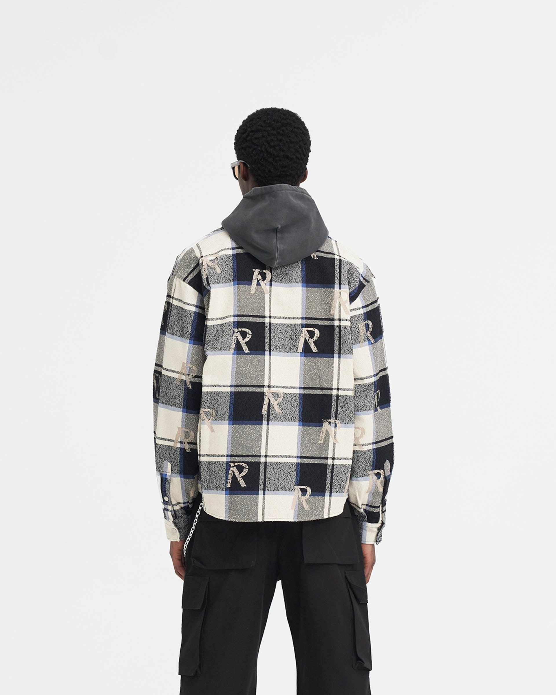 Microfiber Material Seamless construction All Over Initial Flannel Shirt - Blue Check