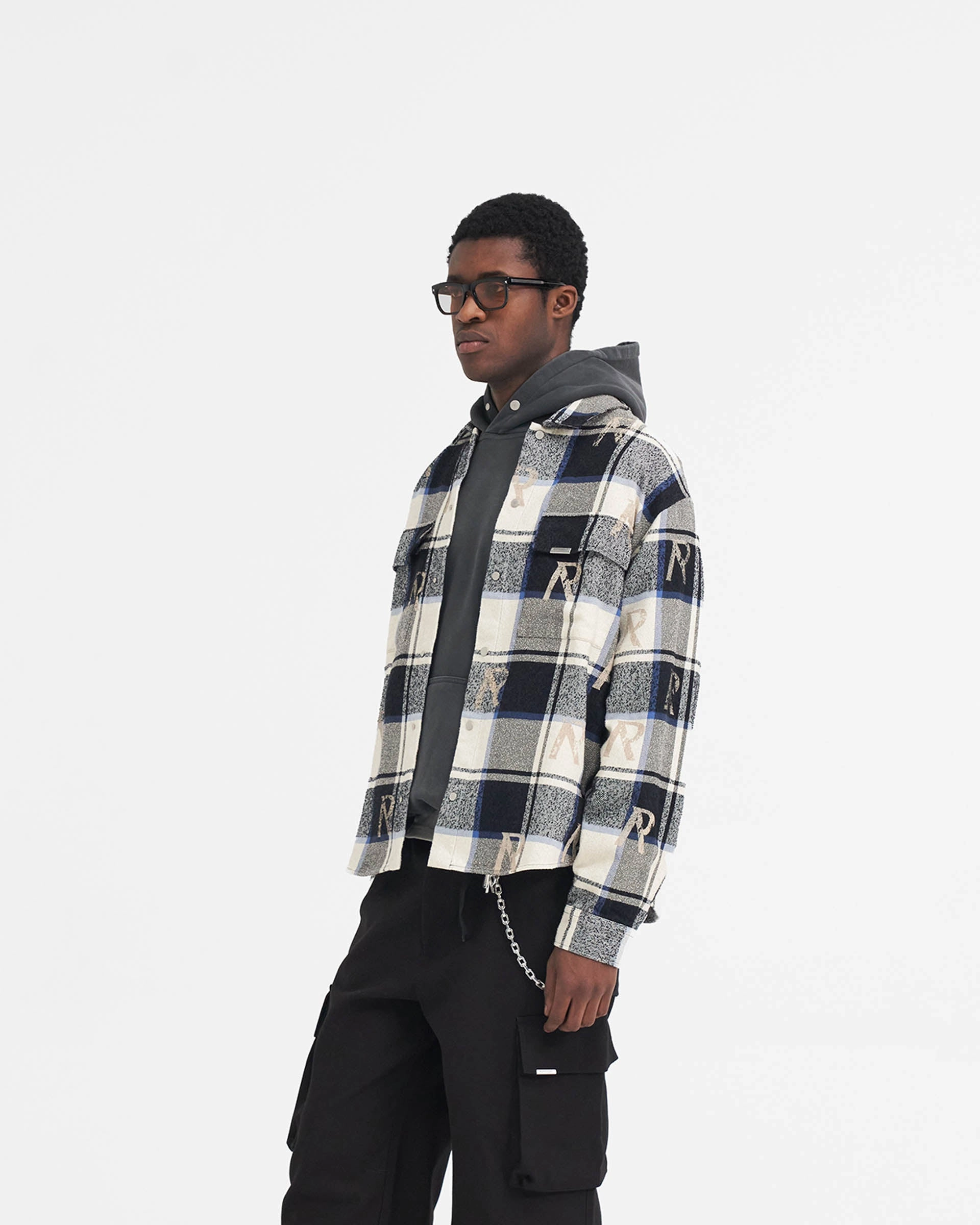 All Over Initial Flannel Shirt - Blue Check Geometric Pattern