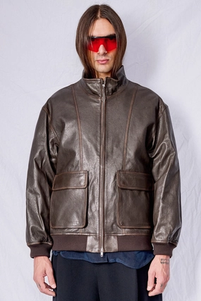 Lightweight Lining Weather Fit Dark Brown Unisex Stand Collared Leather Blouson