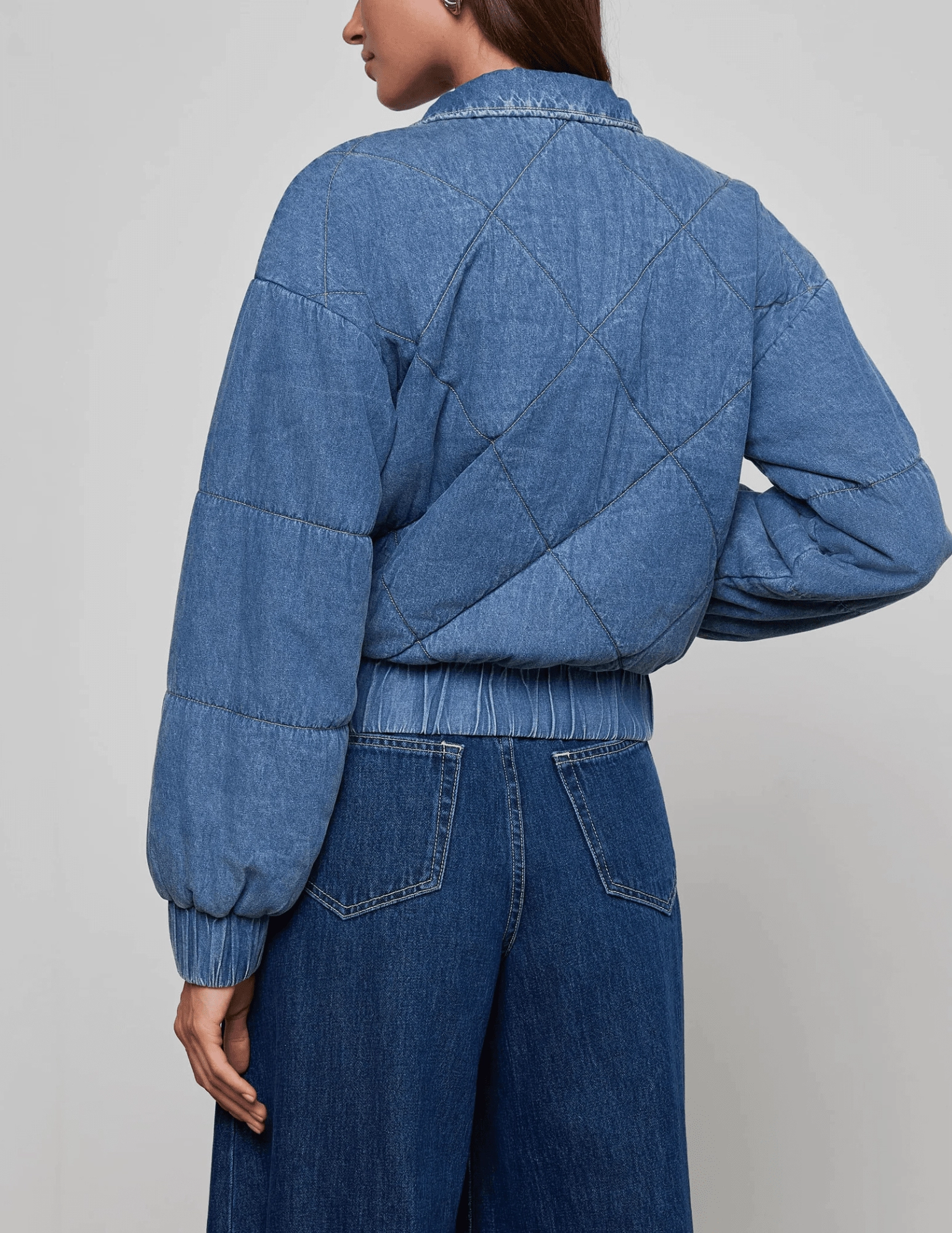 L'AGENCE Ryah Washed Denim Bomber Jacket Bonded Zippers Full Length Zipper Closure