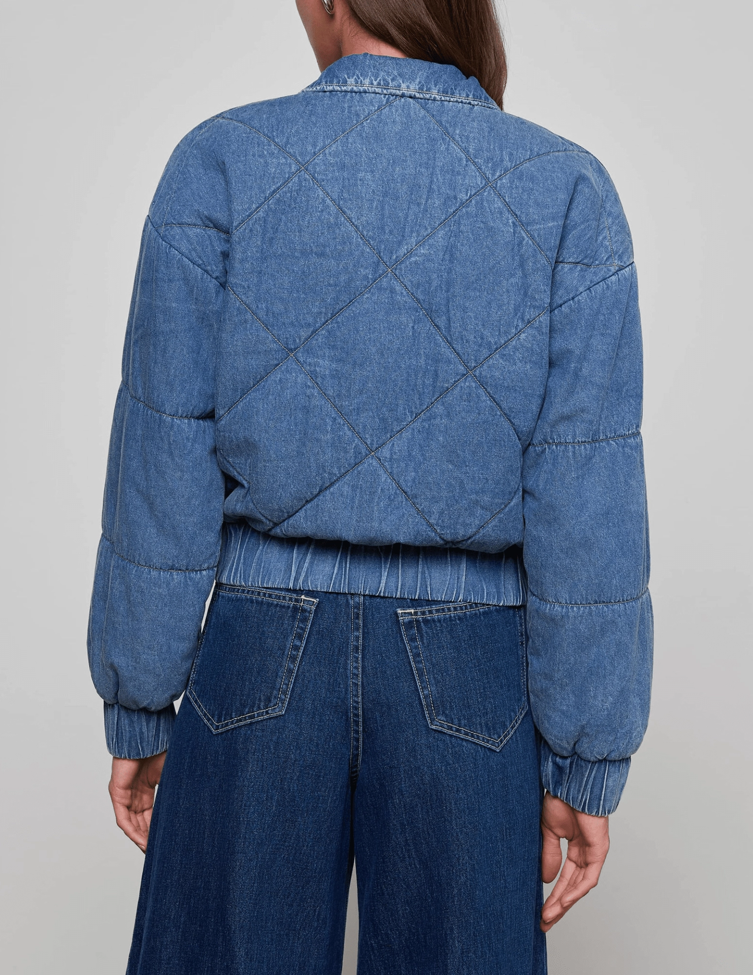 L'AGENCE Ryah Washed Denim Bomber Jacket Ventilated Panels Strong Zip