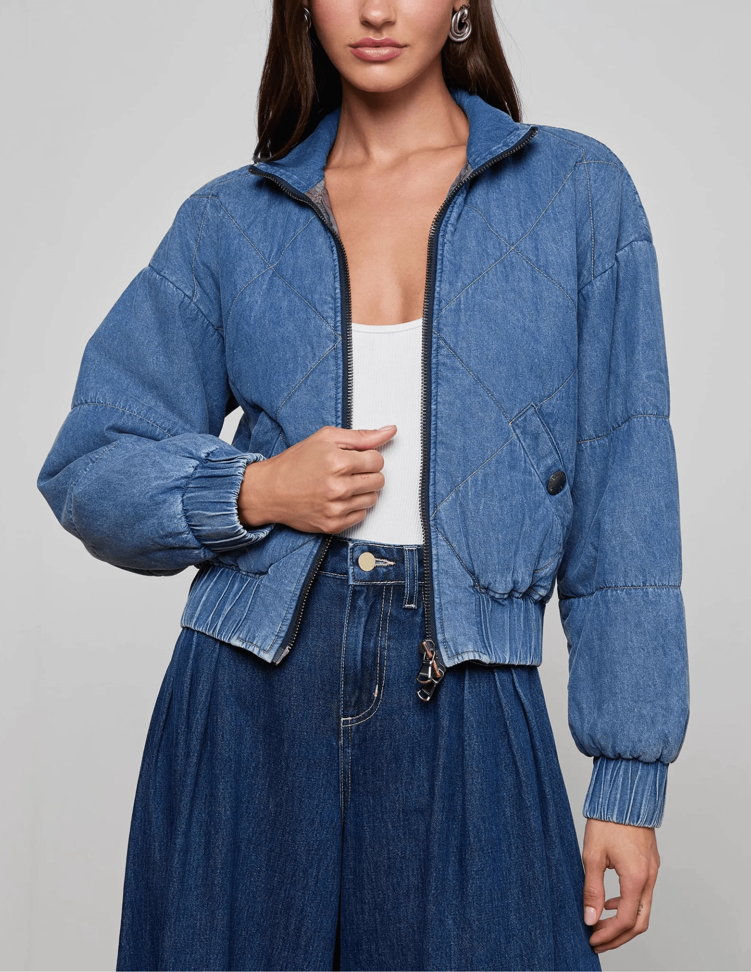 ConvertibleCollar Non Restrictive Mobility L'AGENCE Ryah Washed Denim Bomber Jacket