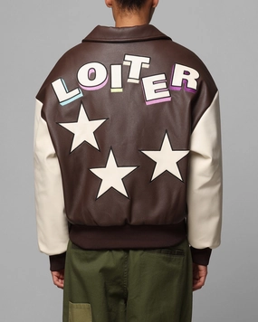 SlipResistantFastenings Loiter Solar Vegan Leather Varsity Jacket Brown/Beige