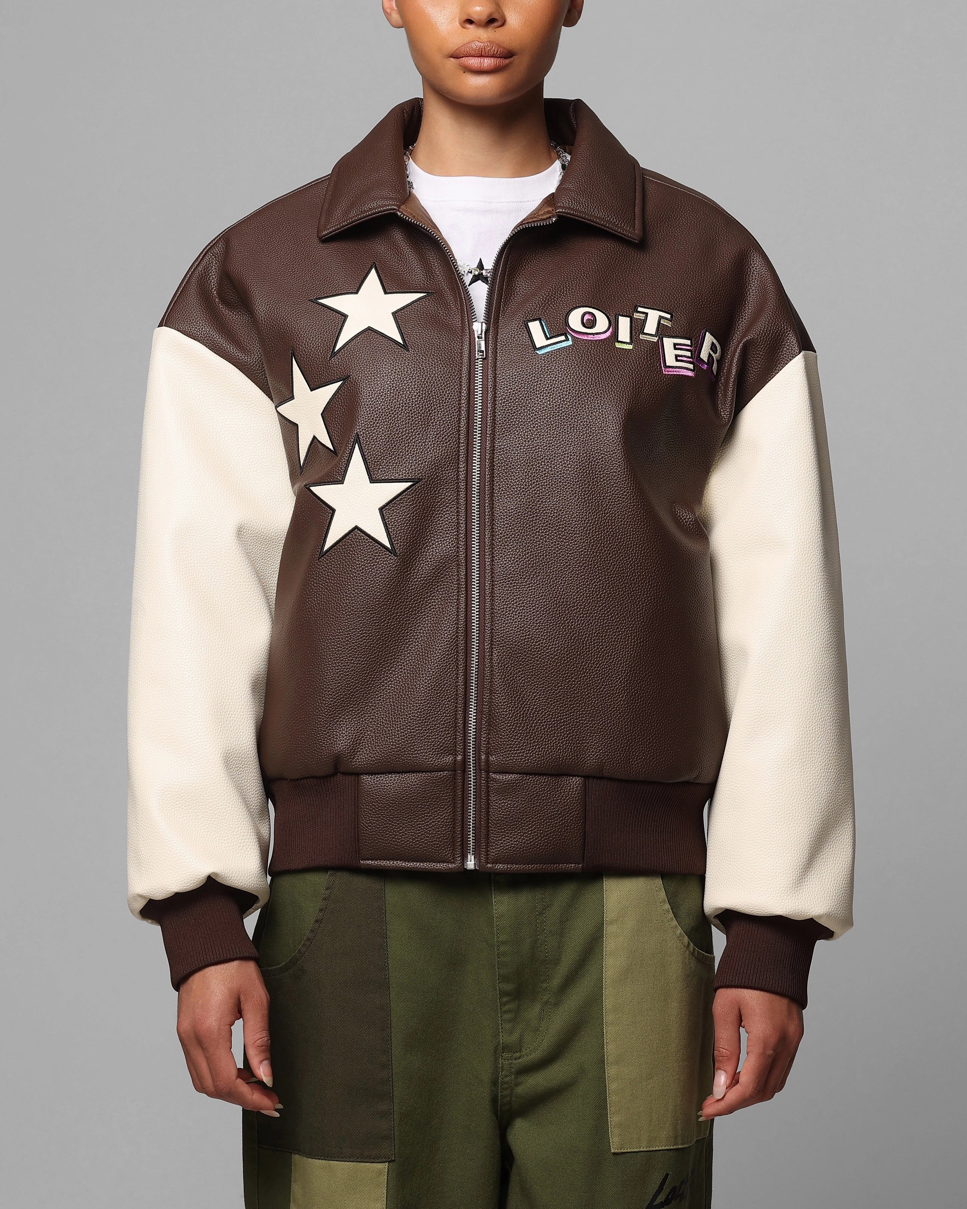 Loiter Solar Vegan Leather Varsity Jacket Brown/Beige Odor Resistant Treatment