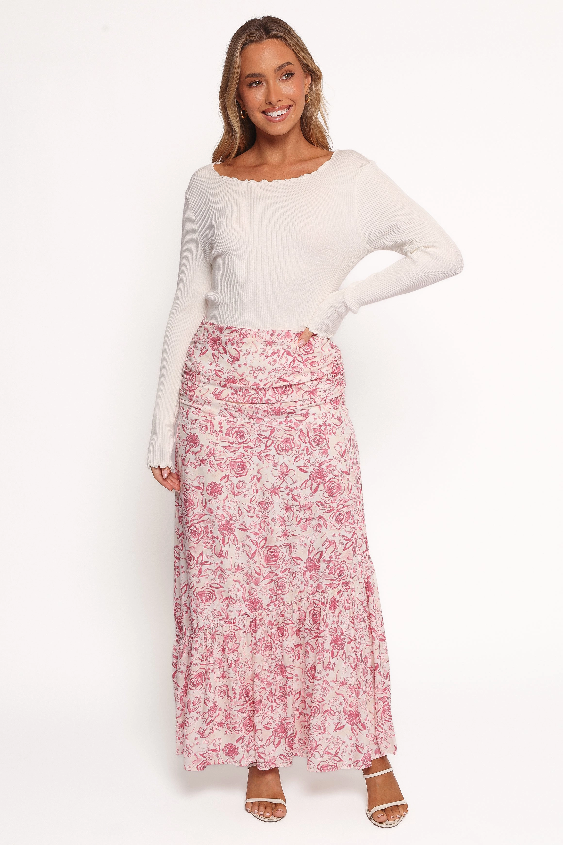 Detail Focus Rolled Hem Velda Ruched Maxi Skirt - Pink Floral