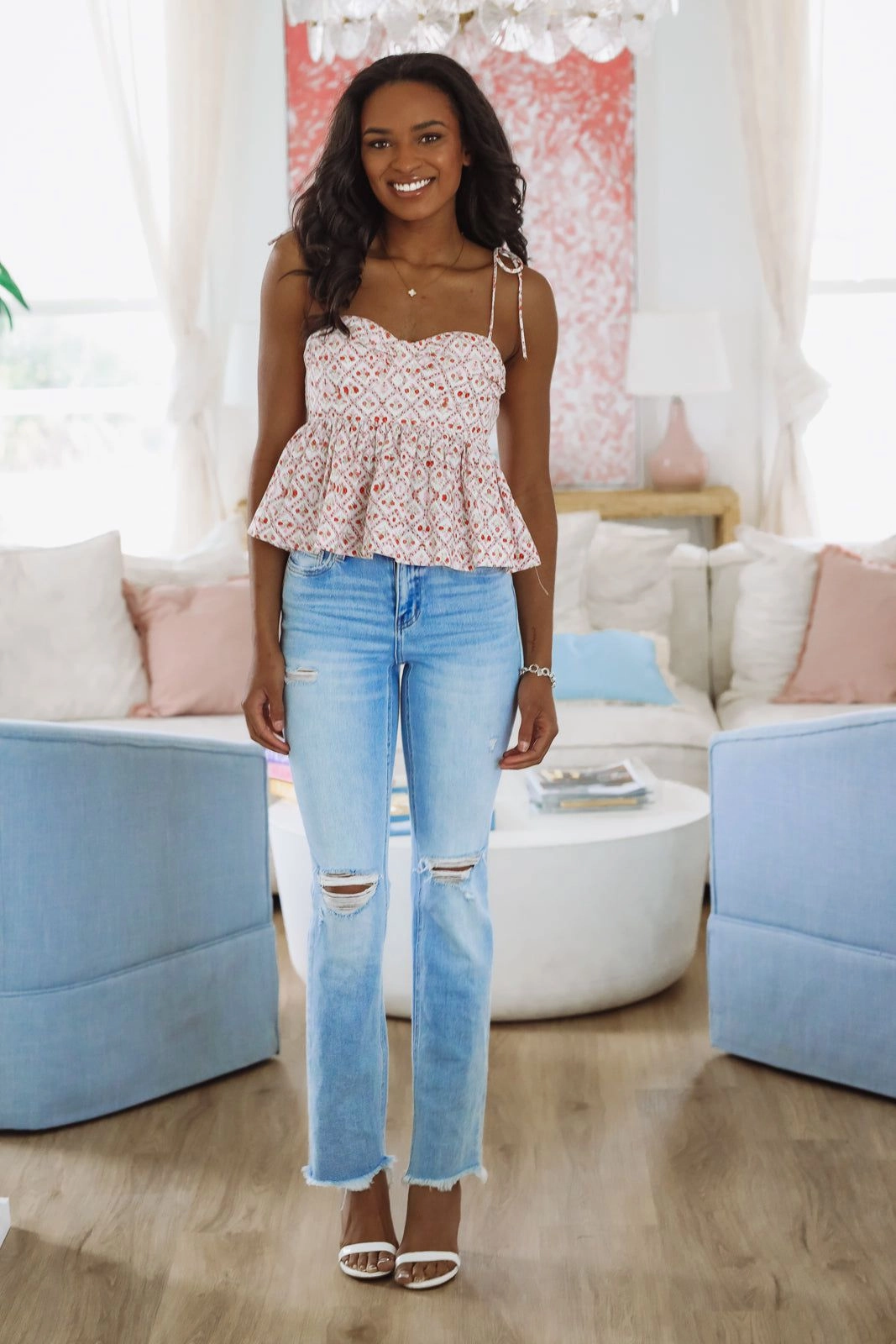 ReinforcedShoulderConstruction Snag Free Fabric Sprinkle of Spring Babydoll Top - Red