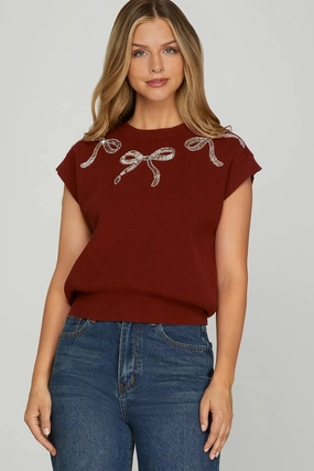 SnagProof Sequin Bow Knit Cap Sleeve Sweater Top