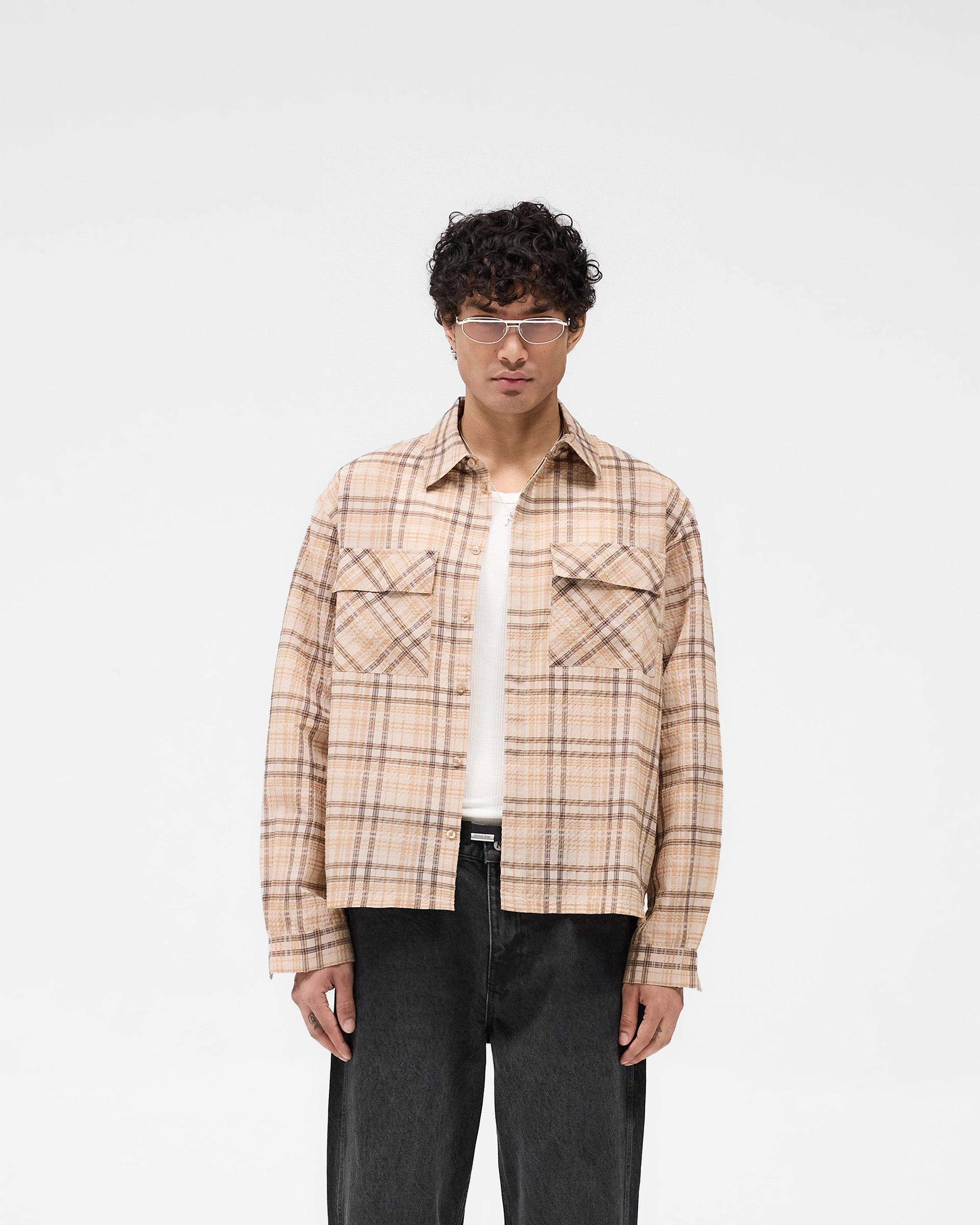 Seamless Shoulder Construction Quick-Dry Sheer Flannel Shirt - Brown Check
