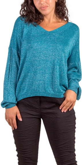 BiodegradableFabric Shimmery Teal Lurex Knit Long Sleeve Top