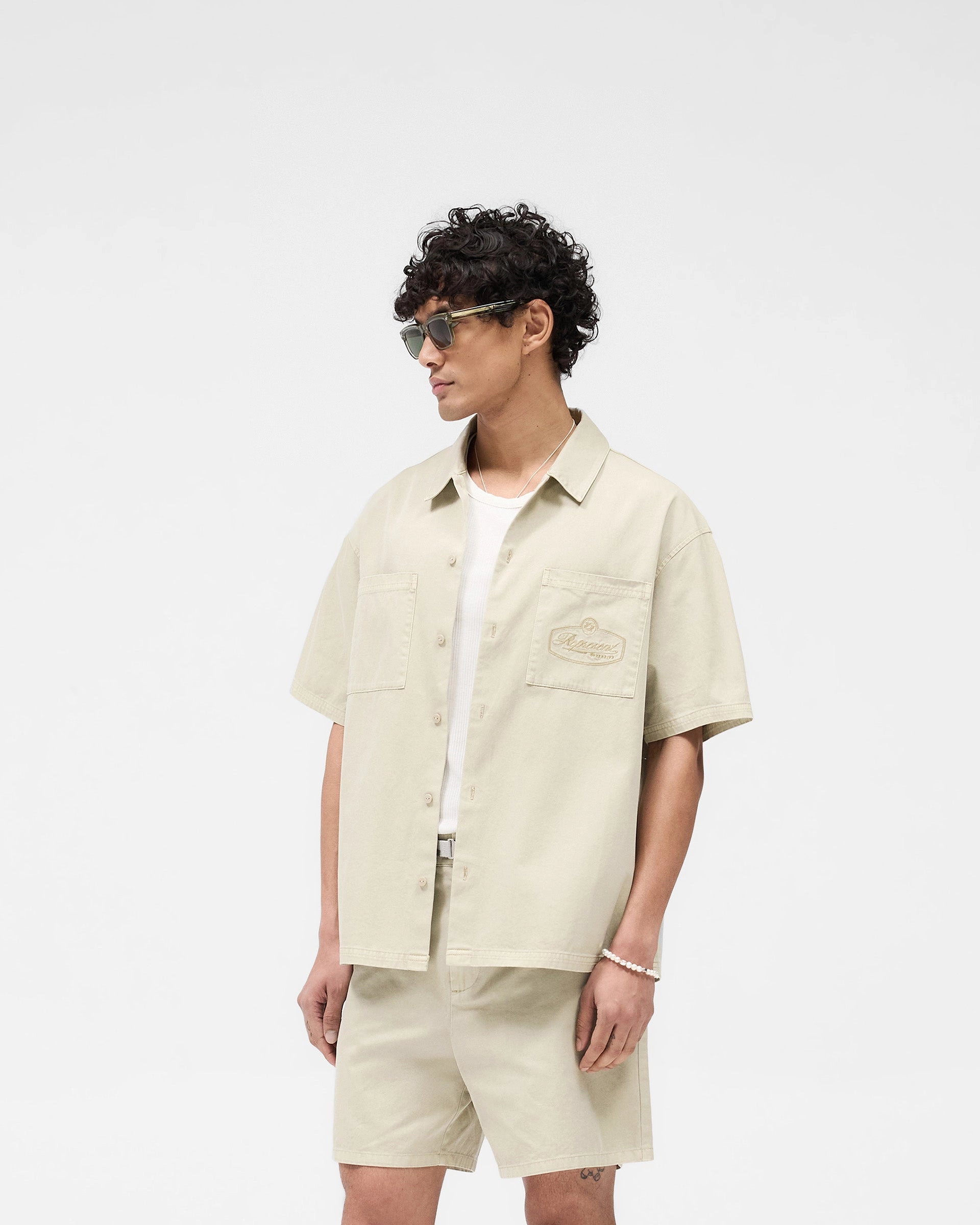Clean Edge Trim Polished Placket Short Sleeve Cotton Overshirt - Beige