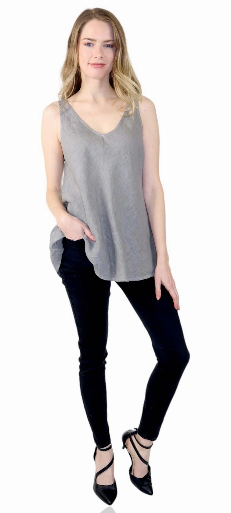 Drop Shoulder Design Slate Gray Linen Biased Tank Top