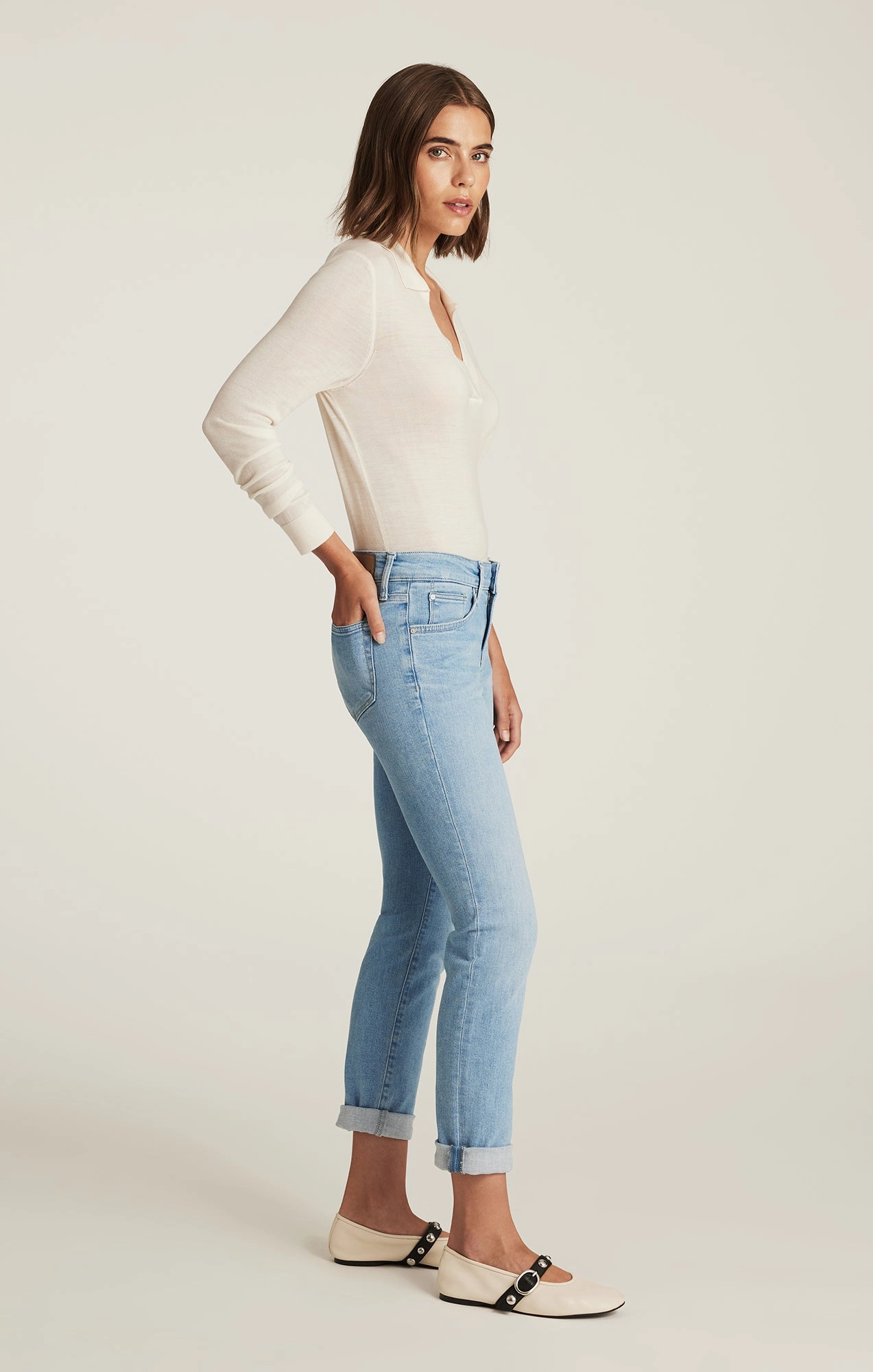 Fray Resistant Hem Lifestyle Ready EMMA SLIM BOYFRIEND IN LIGHT BRUSHED FLEX BLUE