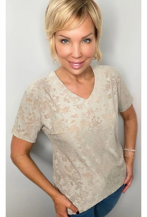 MoistureWickingTechnology Tan Burnout Short Sleeve Top by Ethyl