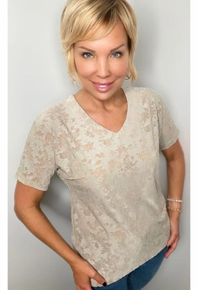 Tunic top Tan Burnout Short Sleeve Top by Ethyl