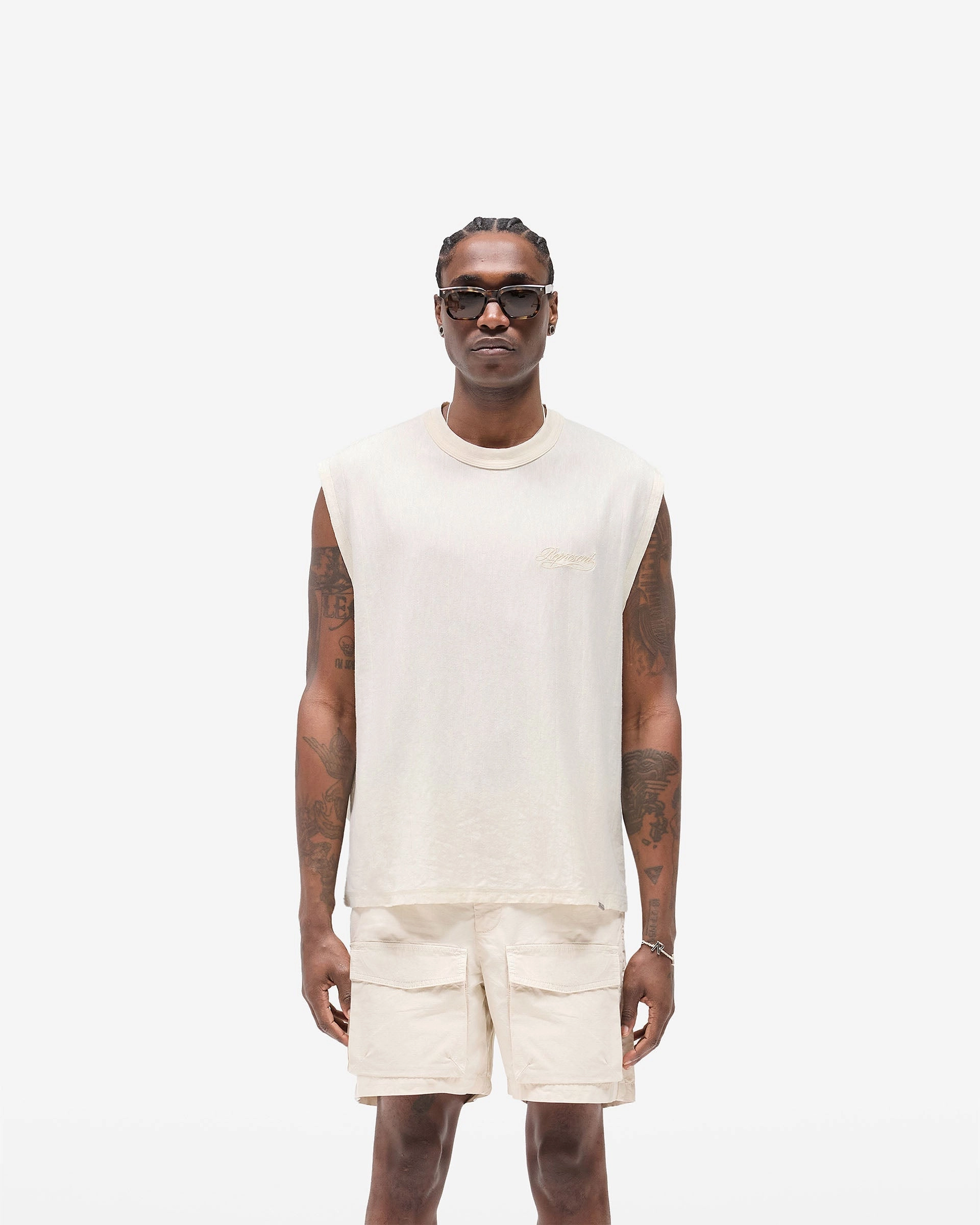 Casual Fashion Sporty Look Wear Slub Script Tank - Aged White