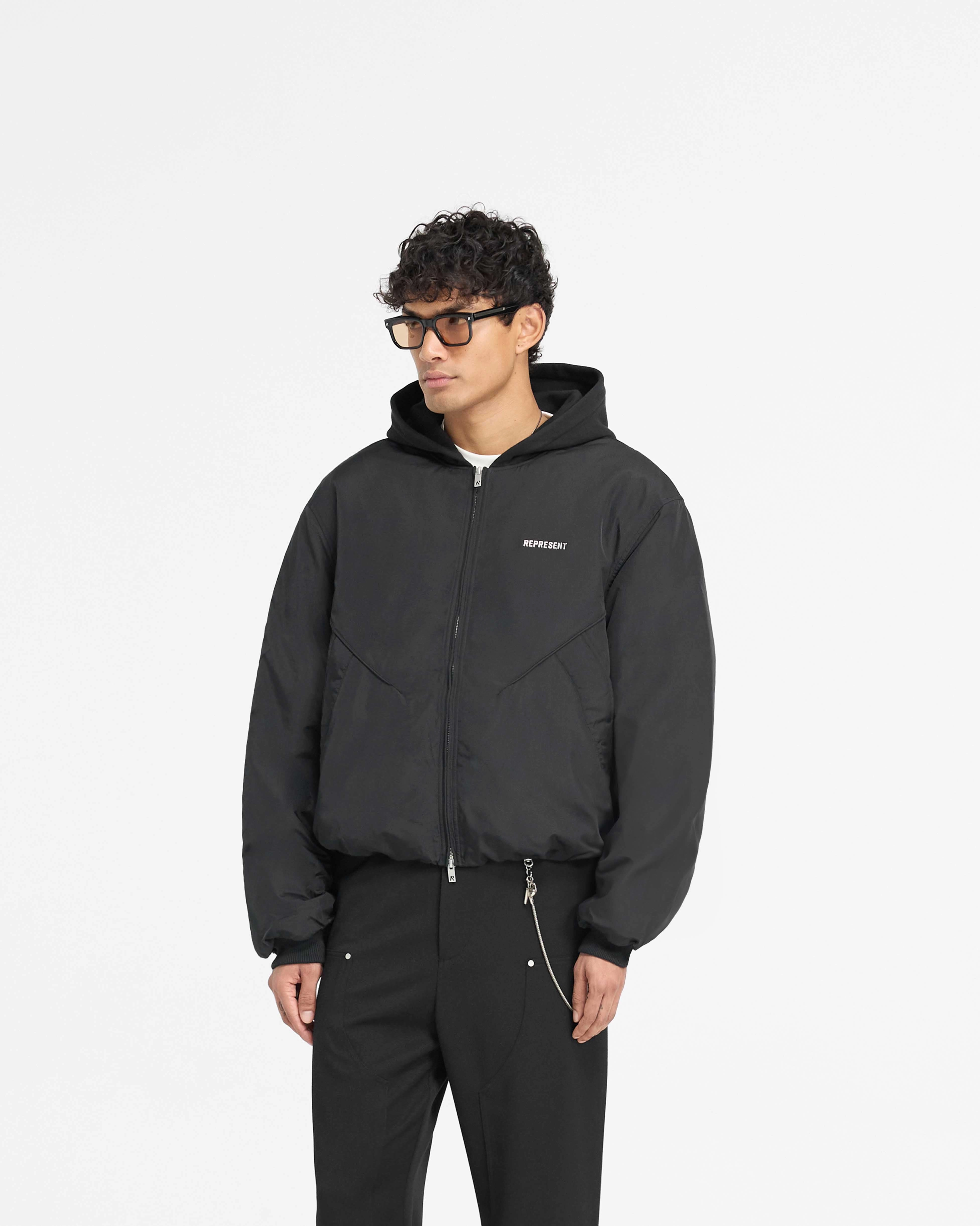 Nylon Hooded Bomber Jacket - Black Softshell Fabric FlexibleHoodDesign