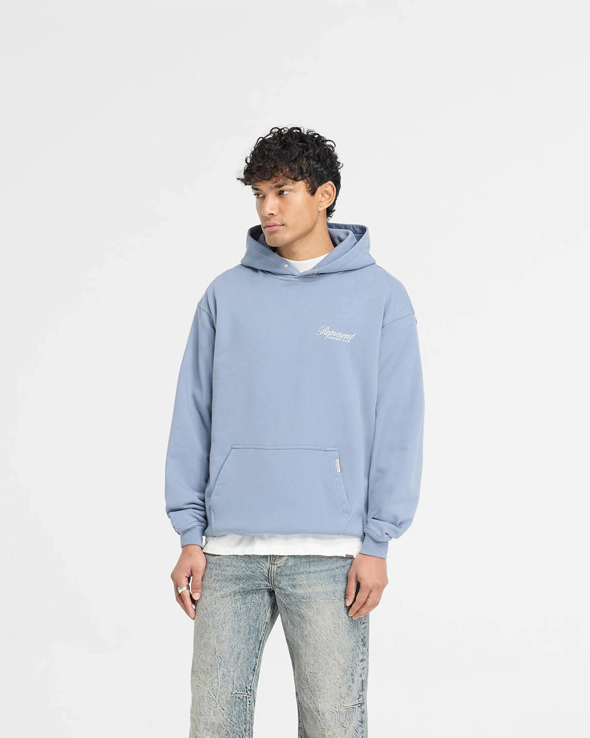 Represent Owners Club Script Hoodie - Dusty Blue Travel Friendly