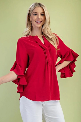 Soft Touch Feel Vibrant Red Ruffled Bell Sleeve Top