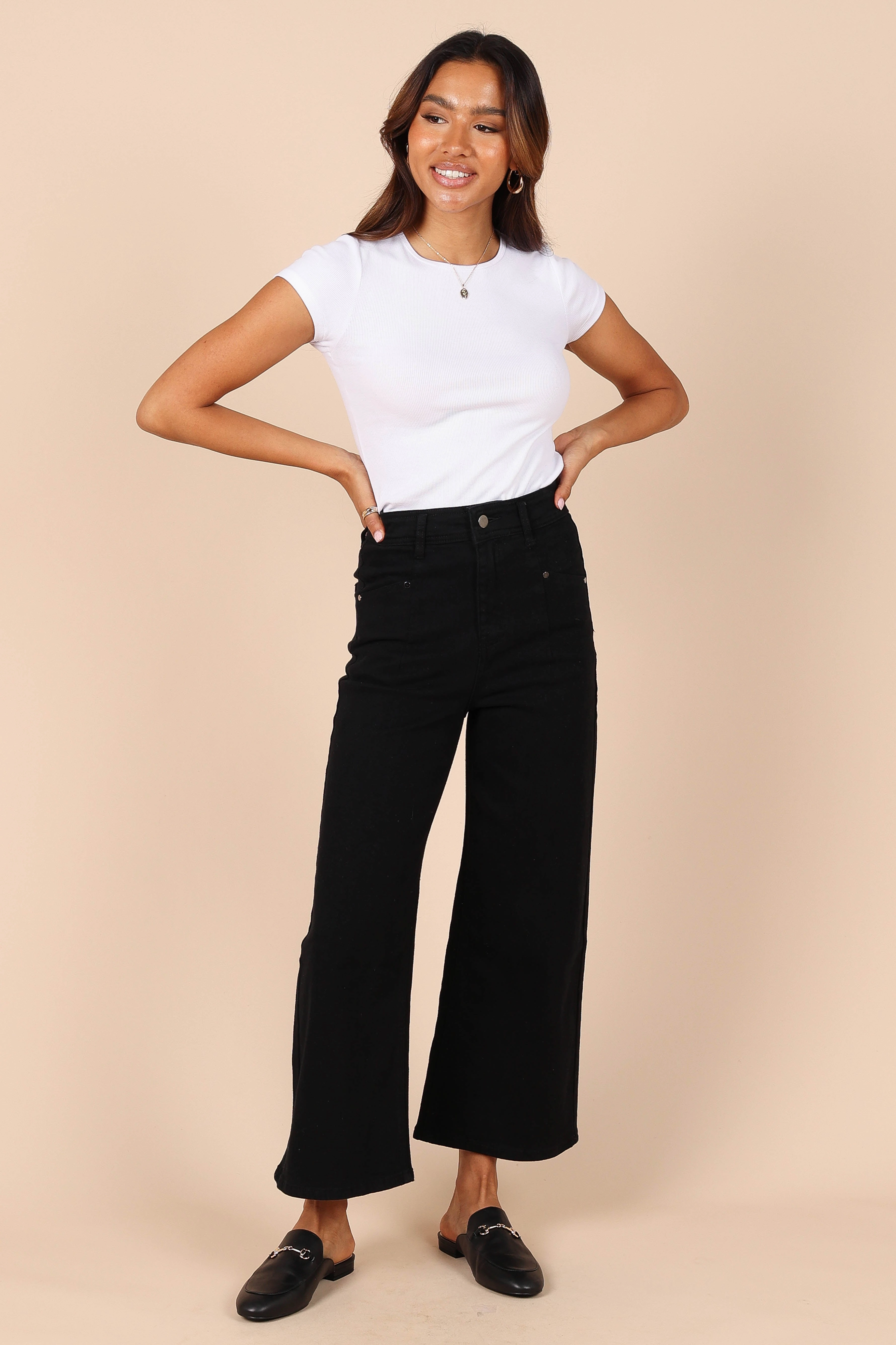 ElasticWaist Georgette High Waisted Straight Leg Pants - Black