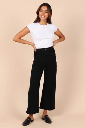 ElasticWaist Georgette High Waisted Straight Leg Pants - Black