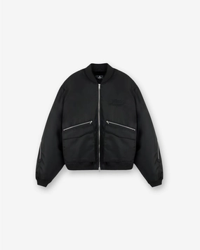 Zip Back Bomber Jacket - Jet Black Clean Street Look Elastic Cuff Adjustment
