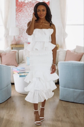 Tranquil Ruffle Top and Maxi Skirt Set - White BreathableMeshInsert NonRestrictive Armholes