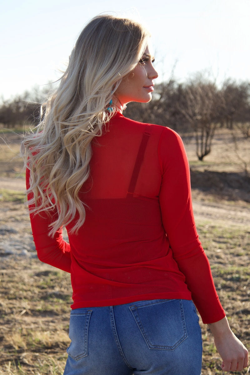 Solid Red Long Sleeve Mesh Top Reflective Trim Details