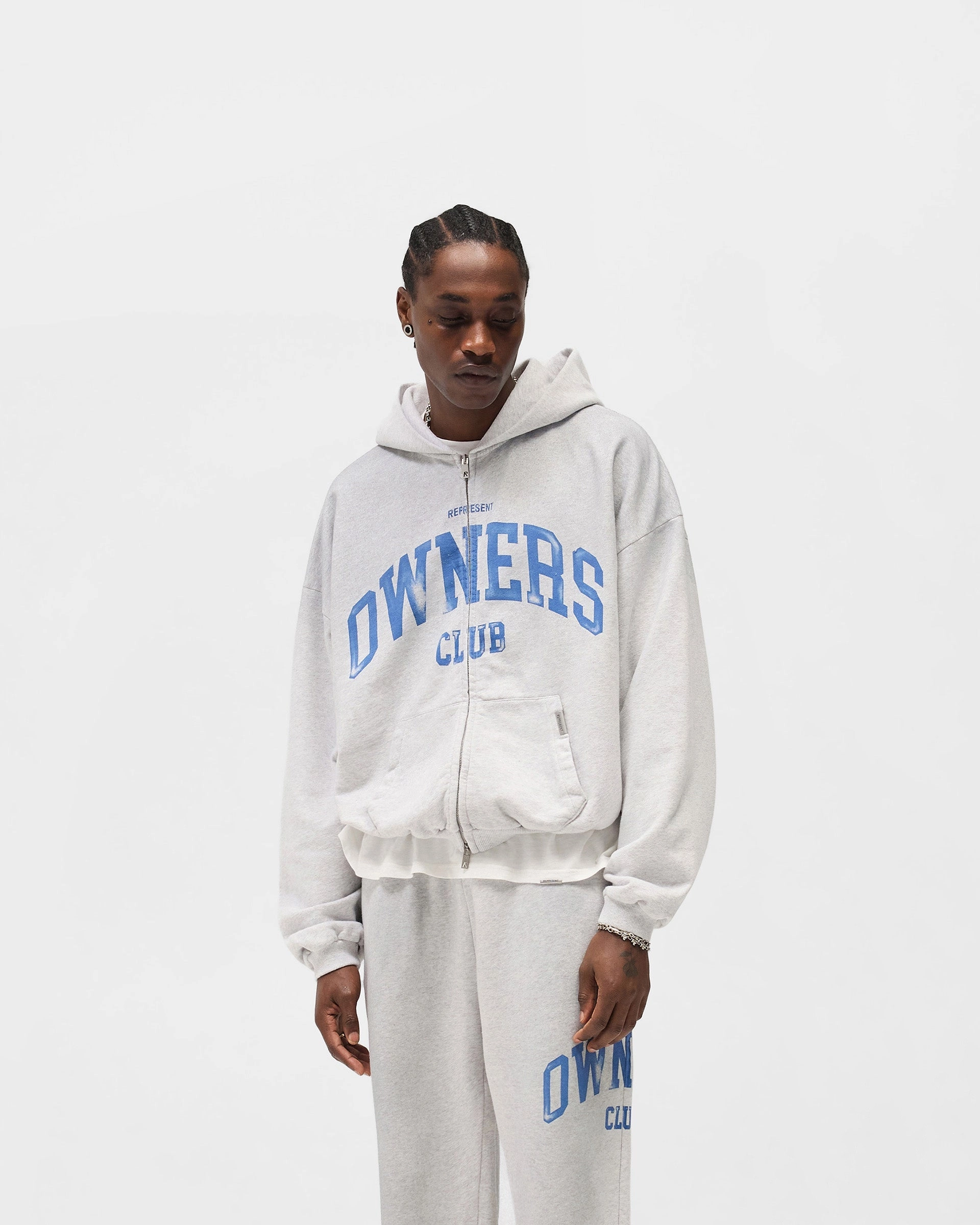 Represent Owners Club Zip Through Hoodie - Sprayed Ice Grey Marl Eco Friendly Dye Process crew neck