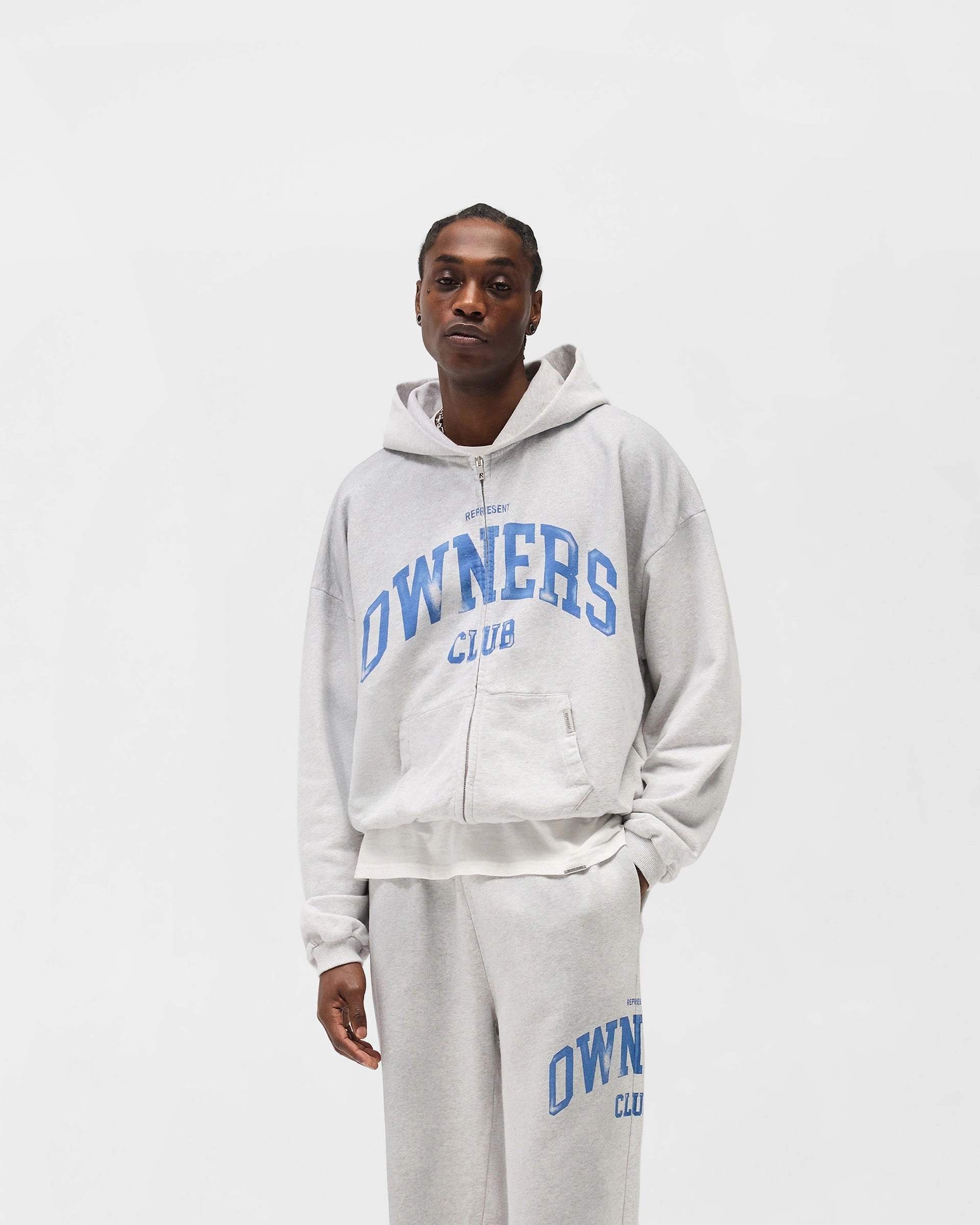 Represent Owners Club Zip Through Hoodie - Sprayed Ice Grey Marl Brushed Interior Texture