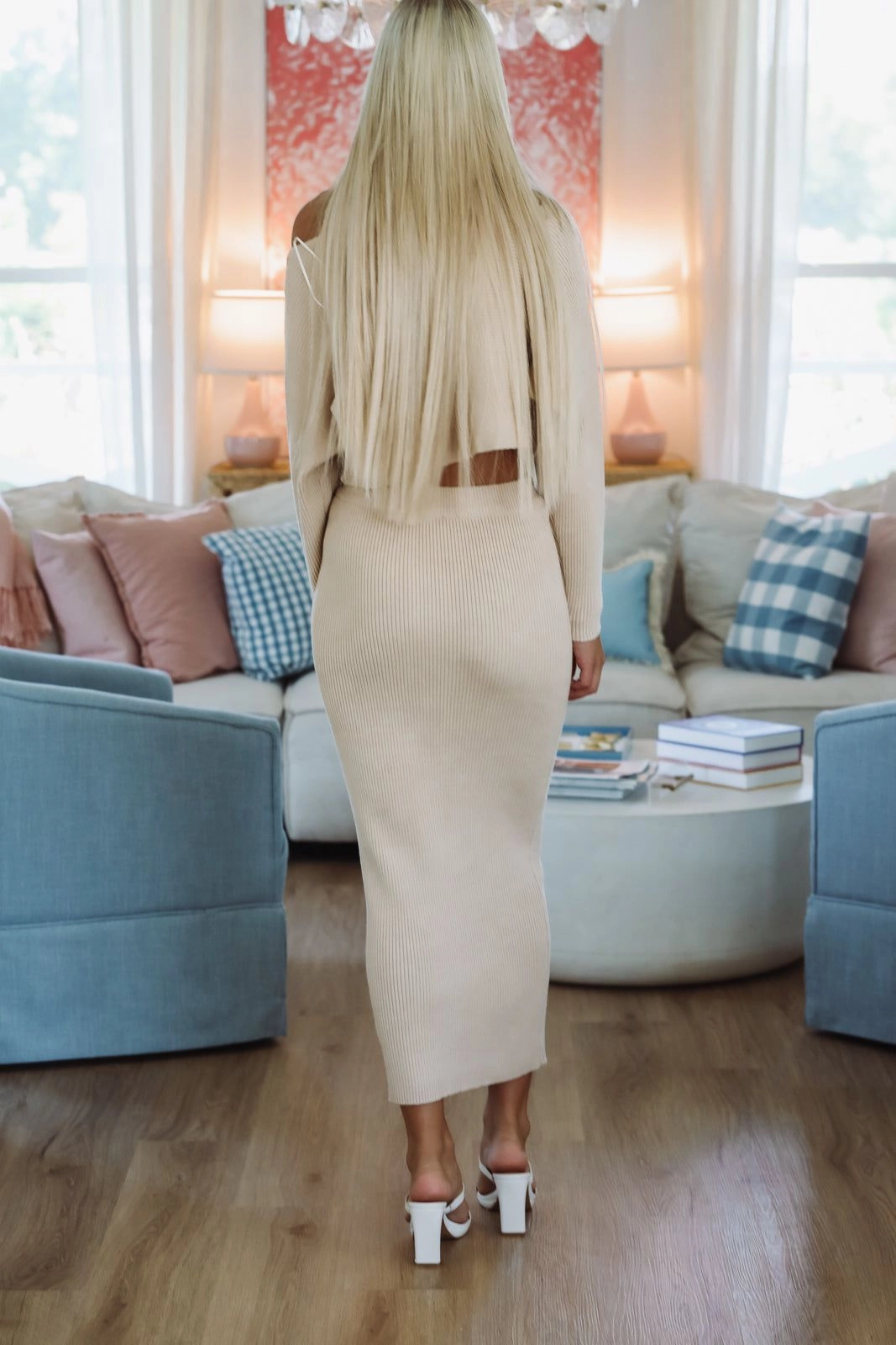 RecycledBlend Still Waiting Knit Crop Top and Midi Skirt Set - Light Taupe