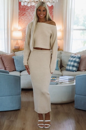 Still Waiting Knit Crop Top and Midi Skirt Set - Light Taupe Smooth Stitching