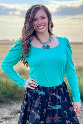 Long Sleeve Turquoise Knit Top Durable Color Retention TemperatureRegulating