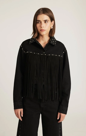 Sleek Shape Seamless Waistband Finish JENNA FRINGE DENIM JACKET IN SMOKE FRINGE DENIM