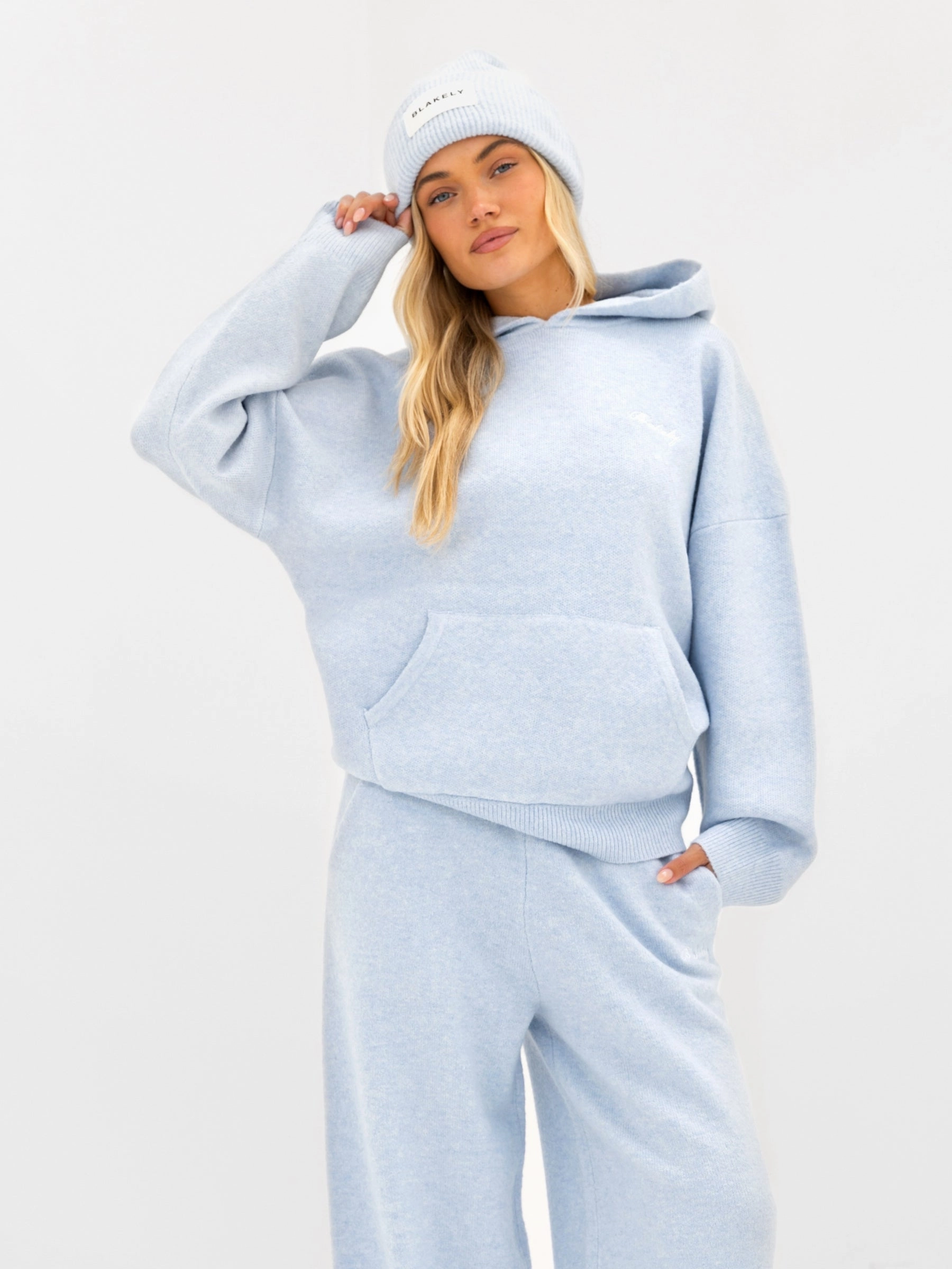 Sheen Minimal Waist Oversized Knitted Hoodie - Baby Blue