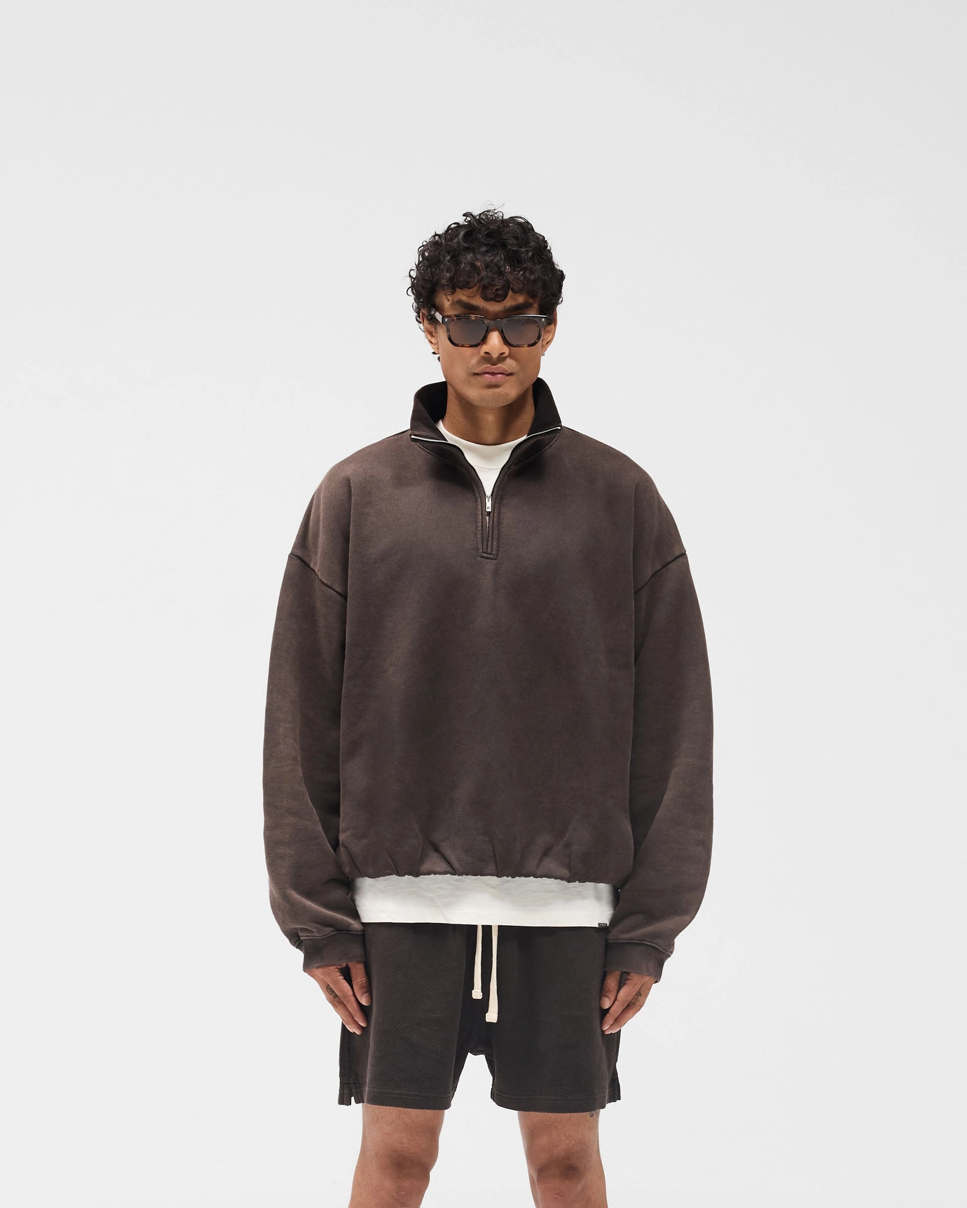 ShrinkageResistant Weave Layered Knit Structure Initial Funnel Neck Quarter Zip Sweatshirt - Coffee