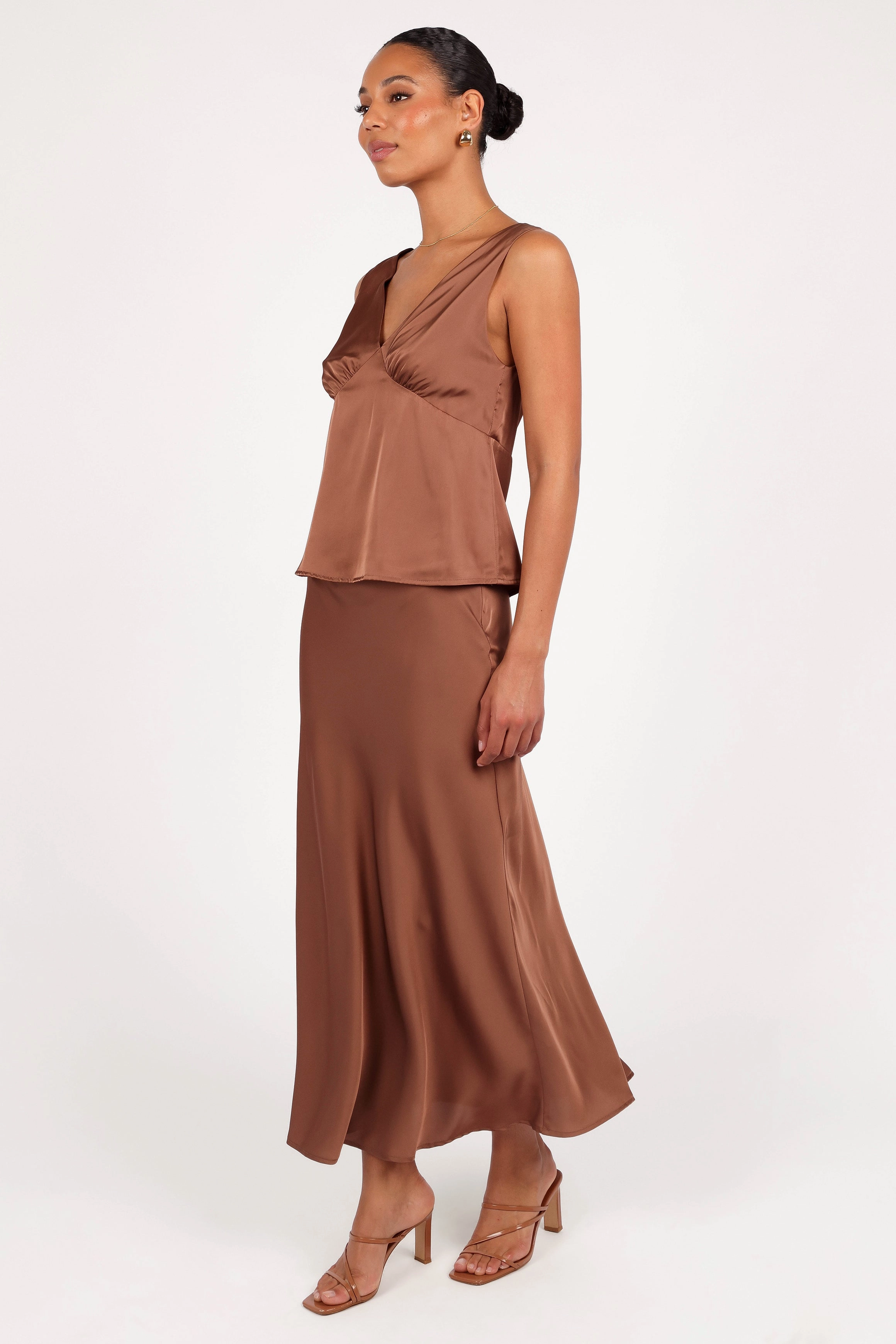 Festival Outfit Soft Focus Nellie Satin Midi Skirt - Banksia Brown