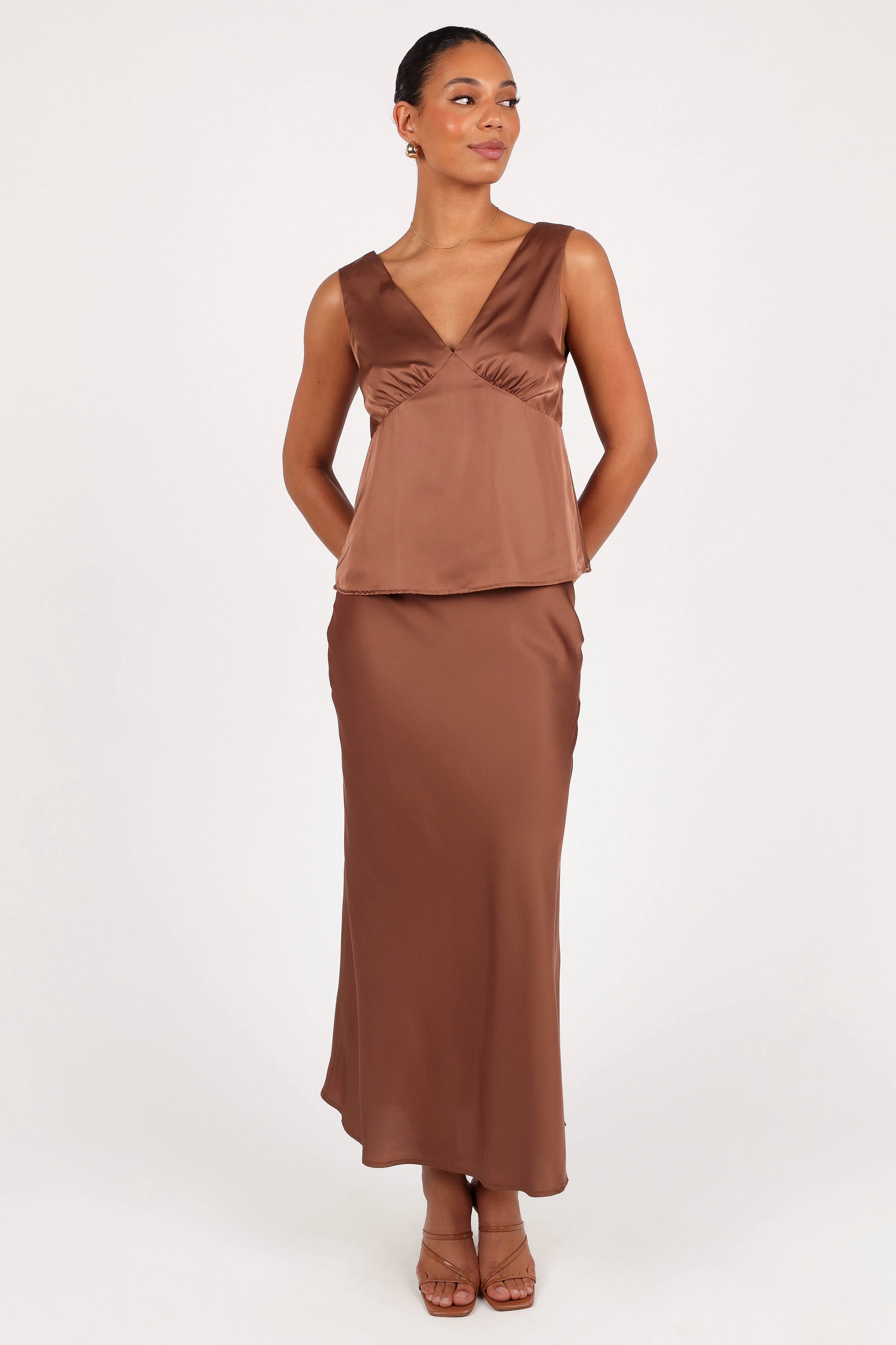Soft Lines Flat Lay Collar Nellie Satin Midi Skirt - Banksia Brown