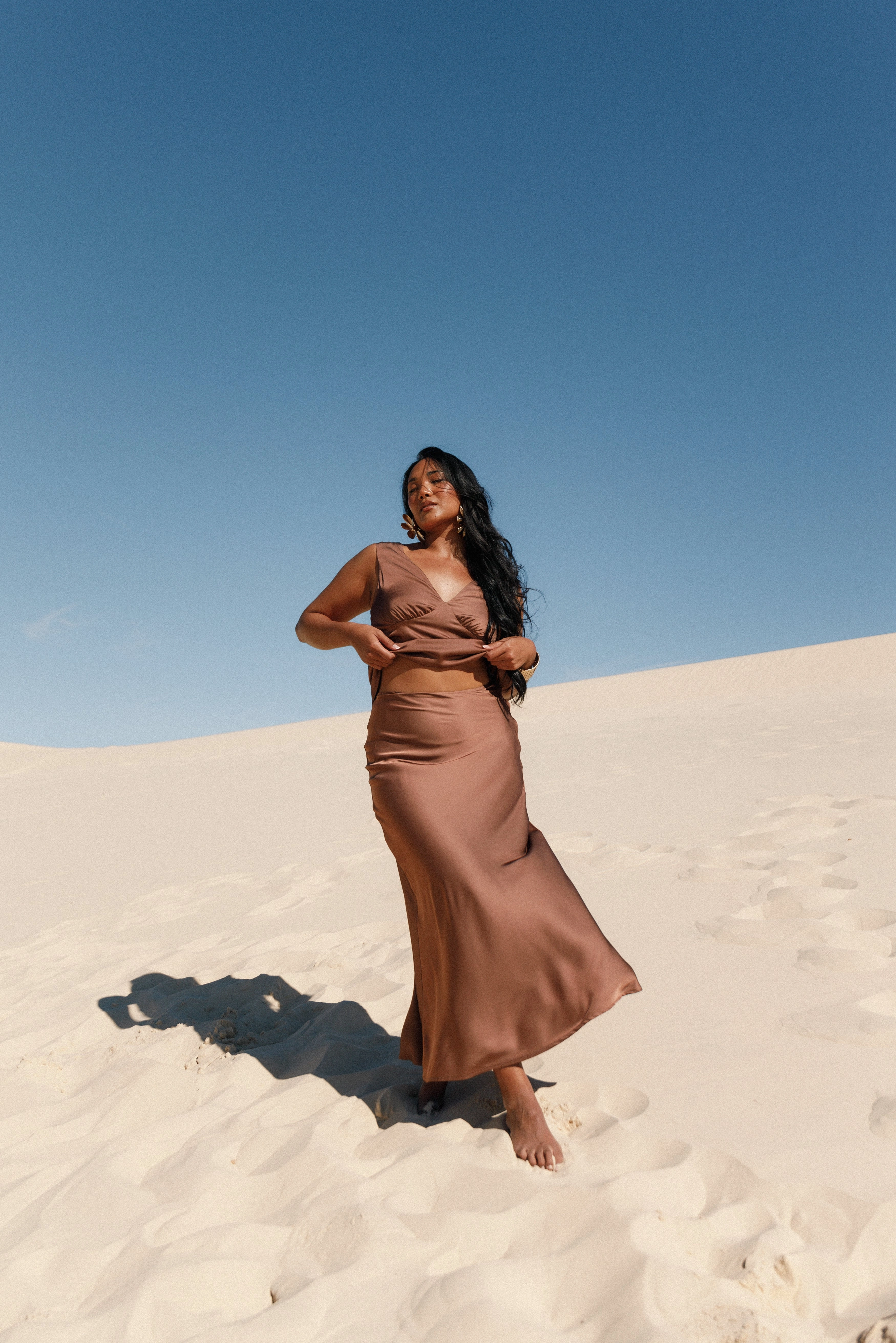 High Density Weave Tear Resistant Material Nellie Satin Midi Skirt - Banksia Brown